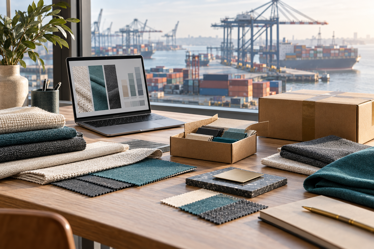 Illustrative image: product samples and offer documents at a sourcing desk with port logistics in the background